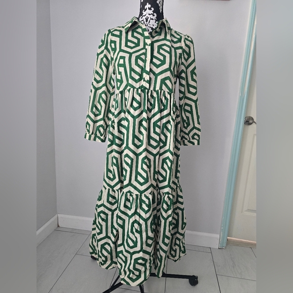 Zara Ecru White Green Geo Geometric Print Karen Tiered Midi Size S - Picture 5 of 16